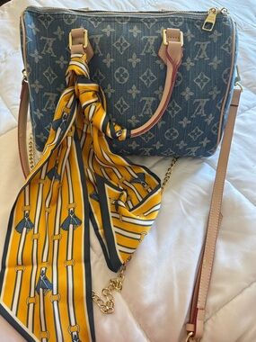 Louis Vuitton Denim Monogram Satchel with Yellow Scarf Accent